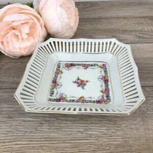 Vintage Bavaria Porcelain Trinket / Jewellery Dish, Square, Pink Rose Floral
